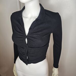 Zara Womens Black Ribbed Ruching Knit Shirt Top Size S Button Front  Cropped